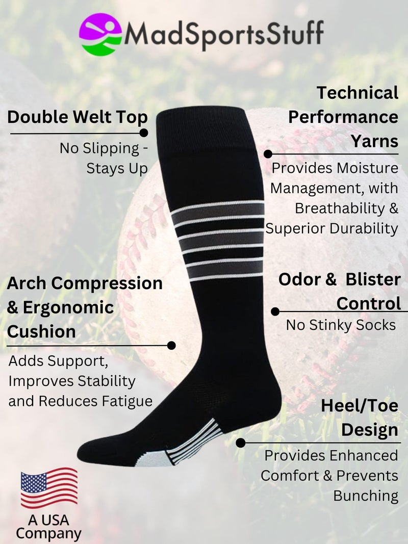 MadSportsStuff Dugout 3 Stripe Baseball Socks (Black/Graphite/White, Small) - Black/Graphite/White,Small - Image 2